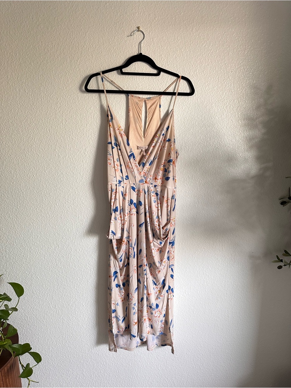 BCBG Slip Midi Dress in Floral Blush with Blue Accents